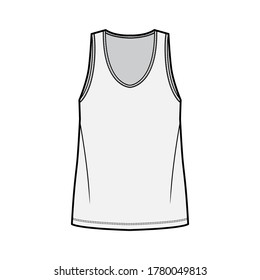 Tank top technical fashion illustration with oversized body, bonded deep V-neckline, sleeveless. Flat shirt apparel template front, grey color. Women, men unisex CAD mockup