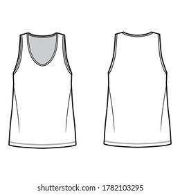 Tank top technical fashion illustration with oversized body, bonded deep V-neckline, sleeveless. Flat shirt apparel template front, back, white color. Women, men unisex CAD mockup
