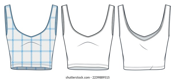 Tank Top technical fashion illustration, blue plaid design. Crop Top technical drawing template, v neck, front and back view, white color, women CAD mockup set.