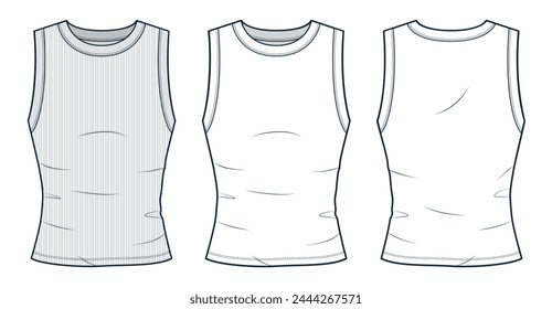 Tank Top ilustración técnica de moda. Plantilla de dibujo técnico plano de la moda de la camiseta, escote redondo, vista delantera y trasera, ajuste delgado, acanalado, blanco, mujeres, hombres, conjunto de maqueta de CAD unisex.