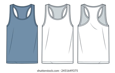 Tank Top technische Mode-Illustration. Unisex Tank Top Mode flache technische Zeichnung Vorlage, Rundhalsausschnitt, entspannte Passform, Vorder- und Rückansicht, weiß, blau, Damen, Herren, Unisex CAD Mockup Set.