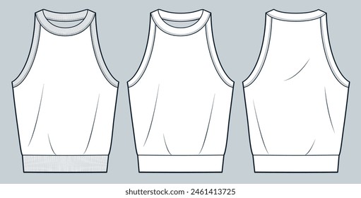 Tank Top technical fashion illustration. Sleeveless Top fashion flat technical drawing template, crew neck, ribbed, front and back view, white, women, men, unisex CAD mockup set.