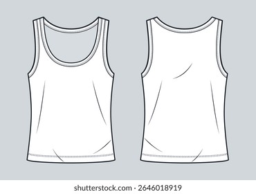 Tank Top Technical Fashion Illustration. Scoop Neck Top fashion flat technical drawing template, sleeveless, front and back view, white, women, men, unisex Sportswear CAD mockup.