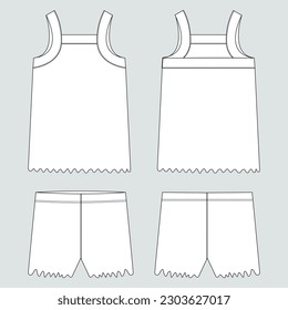 Tank tops with shorts pant technical drawing fashion flat sketch template front and back views. Apparel design vector illustration mockup for kids 