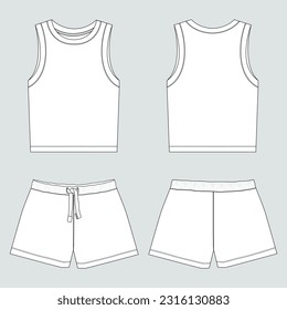 Tank tops with shorts pant technical drawing fashion flat sketch vector illustration template front and back views