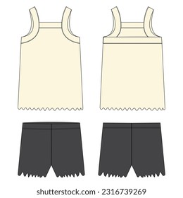 Tank tops with shorts pant technical drawing fashion flat sketch vector illustration template  for kids