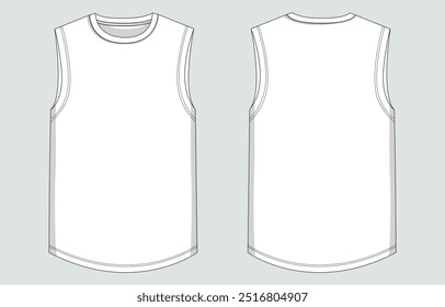 Tank tops técnico desenho de moda plana esboço vetor modelo de ilustração para homens e meninos. Vista frontal e traseira do design da calça de vestuário isoladas no fundo cinza.
