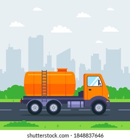 a tank truck drives through the city against the background of the city. transportation of liquid cargo. flat vector illustration.