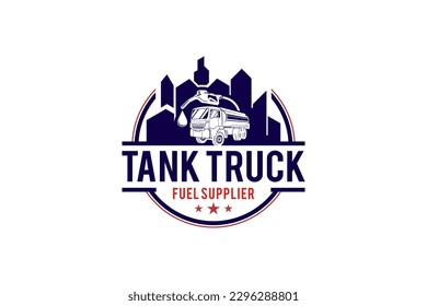 Tank truck fuel logo design with city silhouette emblem label petroleum
