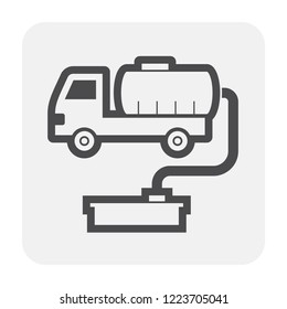 Tank truck icon. Also called gas truck, fuel truck, or tanker truck. Include oil transfer by hose pipe to storage with underground tank for petol station or gas station. Vector icon design.