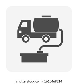 Tank Truck Icon. Also Called Gas Truck, Fuel Truck, Or Tanker Truck. Include Oil Transfer By Hose Pipe To Storage With Underground Tank For Petol Station Or Gas Station. Vector Icon Design.