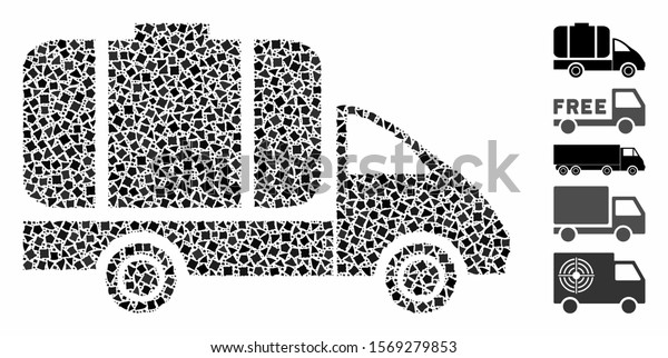 Tank truck icon composition of unequal pieces in\
variable sizes and color hues, based on tank truck icon. Vector\
rough pieces are combined into collage. Tank truck icons collage\
with dotted pattern.
