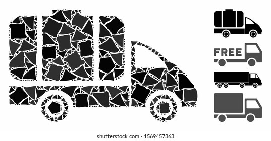 Tank truck icon mosaic of trembly items in various sizes and shades, based on tank truck icon. Vector uneven parts are composed into mosaic. Tank truck icons collage with dotted pattern.