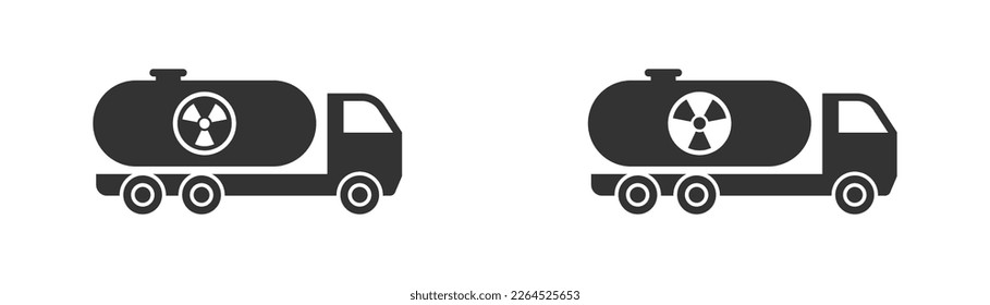 Tank truck icon with radiation symbol. Radioactive waste tanker. Vector illustration.