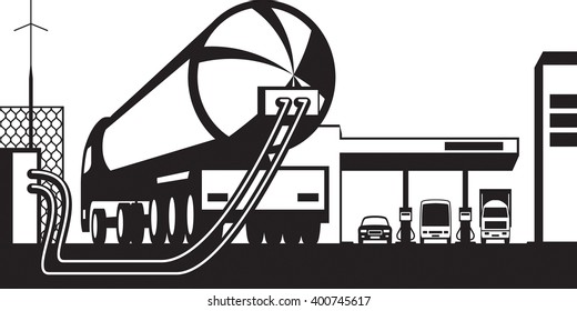 Tank Truck Loading Gas Station With Fuel - Vector Illustration