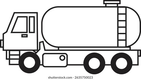 Tank Truck Outline Vector Illustration - Simple Monochrome Fuel Transport Vehicle for Educational Materials, Coloring Pages, and Industrial Icons