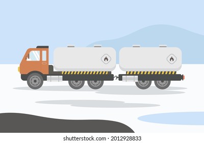 Tank truck tanker lorry on red. Vehicle oil and gas transportation, LPG, LNG, CNG,Refilling oil truck vector illustration design