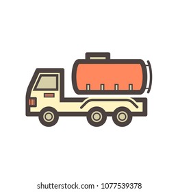 Tank truck vector icon. Also called fuel or tanker truck. Transport vehicle with big cistern container for delivery liquid, gas i.e. water, chemical and petroleum i.e. oil, petrol, gasoline, diesel.