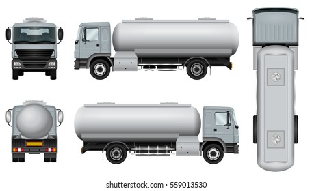 Tank truck vector mock-up. Isolated template of Tanker lorry on white. Vehicle branding mockup. Side, front, back, top view. All elements in the groups on separate layers. Easy to edit and recolor.