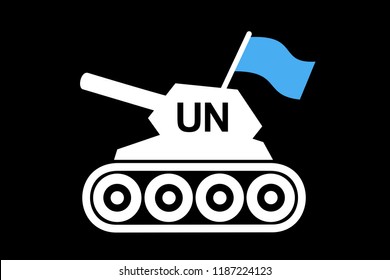 Tank of United Nations Peacekeeping Forces - white armed vehicle with blue waving flag. Vector illustration