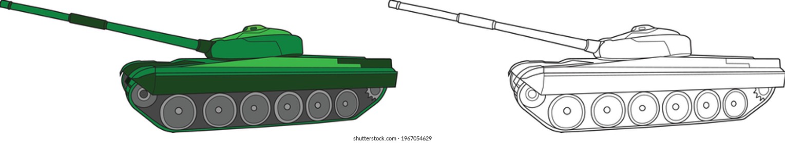 Tank vector drawing transportation learning education cartoon drawing, line art and colored.