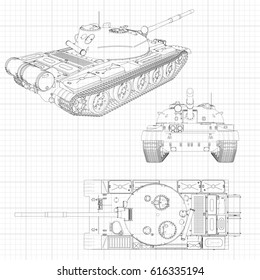 Tank vector illustration EPS 10. Military machine in the contour lines on graph paper. The contours of the black line on the white background