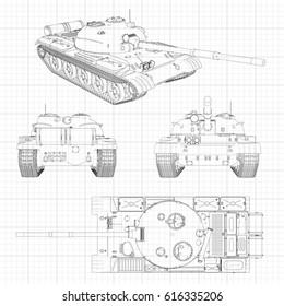 Tank vector illustration EPS 10. Military machine in the contour lines on graph paper. The contours of the black line on the white background