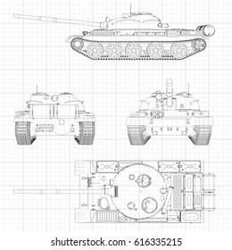 Tank vector illustration EPS 10. Military machine in the contour lines on graph paper. The contours of the black line on the white background