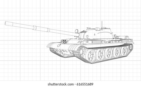 Tank vector illustration EPS 10. Military machine in the contour lines on graph paper. The contours of the black line on the white background