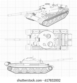 Tank vector illustration EPS 10. Military machine in the contour lines on graph paper. The contours of the black line on the white background