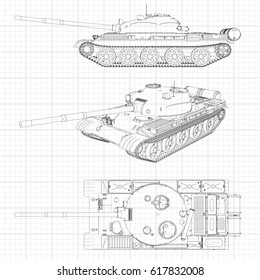 Tank vector illustration EPS 10. Military machine in the contour lines on graph paper. The contours of the black line on the white background