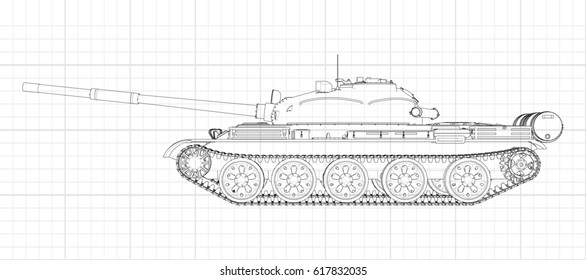 Tank vector illustration EPS 10. Military machine in the contour lines on graph paper. The contours of the black line on the white background