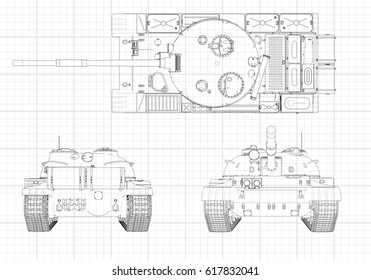 Tank vector illustration EPS 10. Military machine in the contour lines on graph paper. The contours of the black line on the white background