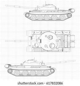Tank vector illustration EPS 10. Military machine in the contour lines on graph paper. The contours of the black line on the white background