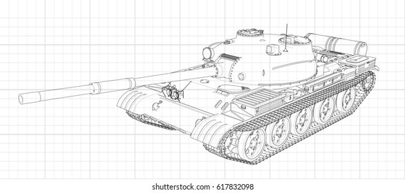 Tank vector illustration EPS 10. Military machine in the contour lines on graph paper. The contours of the black line on the white background
