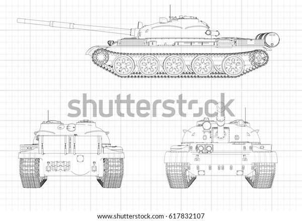Tank vector illustration EPS 10. Military\
machine in the contour lines on graph paper. The contours of the\
black line on the white\
background