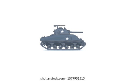 Tank vector illustration. Flat linear blue retro tank isolated on white. Army, military forces, world war, military service concept.