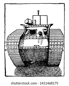 Tank, der Vorderansicht eines 30 Tonnen gepanzerten Tanks, Vintage-Linienzeichnung oder Graviergrafik.