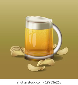 Tankard of beer and chips on a green background