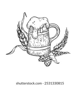 Tankard de cerveja e espuma cap ilustração gráfica vetor branco preto isolado. Cerveja Stein, trigo de ouvido, cone de lúpulo gravura. Mão de caneca de cerveja de madeira desenhada em monocromático para o menu do festival de design, etiqueta.