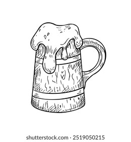 Ilustração vetorial gráfica em preto branco Tankard e espuma isolada. Stein, silhueta de tinta pintada com chifre de cerveja. Mão de caneca de cerveja de madeira desenhada em arte de linha para o menu do festival de cerveja de design, embalagem, rótulo.