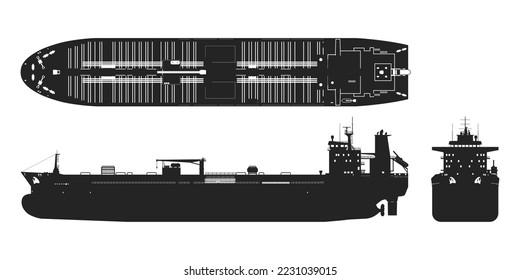 Tanker black silhouette. Cargo ship industrial blueprint. Petroleum boat view top, side and front. Isolated vehicle drawing. Commerce water transport. Vector illustration svg