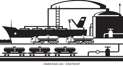 Tanker and cisterns at oil terminal - vector illustration