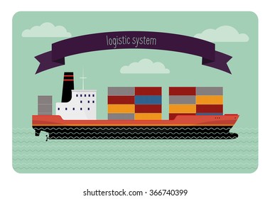 Tanker container. Flat illustration modern transport ship loaded with containers. Includes ribbon with inscription logistic system.