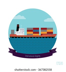 Tanker container. The flat illustration modern transport ship loaded with containers. It contains tape with an inscription.