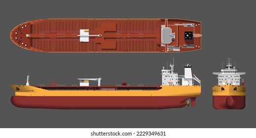Tanker drawing. 3d cargo ship industrial blueprint. Petroleum boat view top, side and front. Isolated vehicle. Commerce water transport. Vector illustration svg