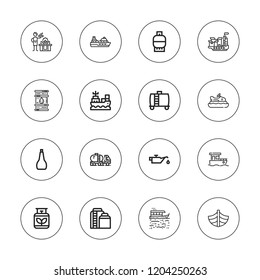 Tanker icon set. collection of 16 outline tanker icons with boat, cargo ship, cruise, gas, oil, petroleum, tank truck, tank icons.