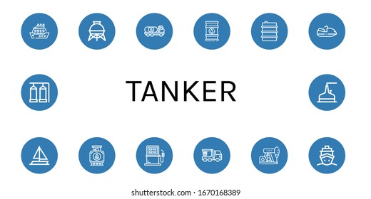 tanker icon set. Collection of Cruise, Storage tank, Oil truck, Oil barrel, Oil, Motorboat, Sailing boat, Tank, Fuel, Crane truck, Petroleum icons