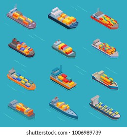 Tanker oil bulk vector isometric tank ships or cargo boats transport and isometry transportation by sea or ocean set illustration oiled vessel isolated on white background
