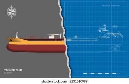 Tanker outline drawing. 3d cargo ship industrial blueprint. Petroleum boat view top, side and front. Isolated vehicle. Commerce contour water transport. Vector illustration